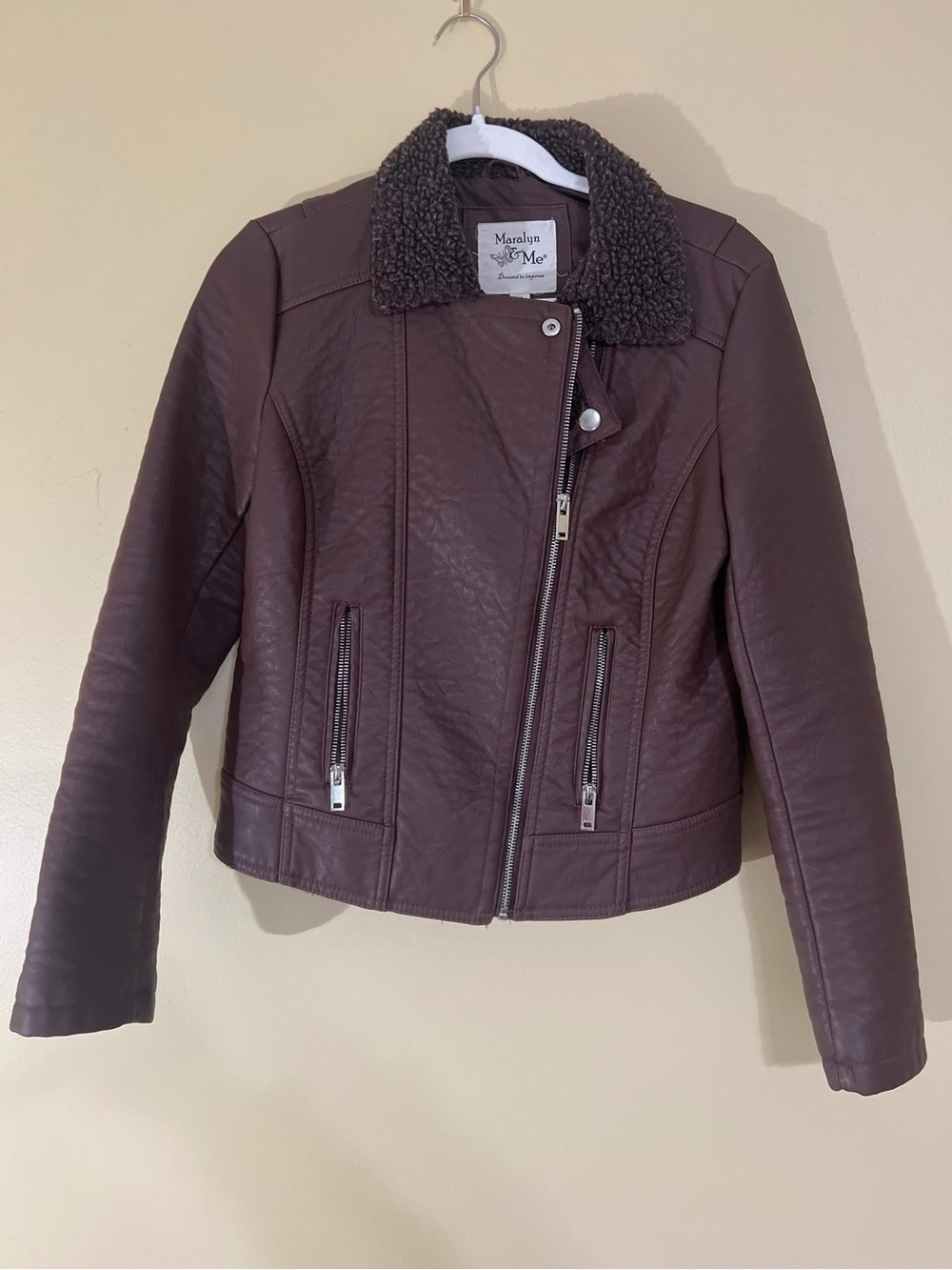 Maralyn & Me Chocolate Brown Faux Leather Moto Jacket with Sherpa Collar